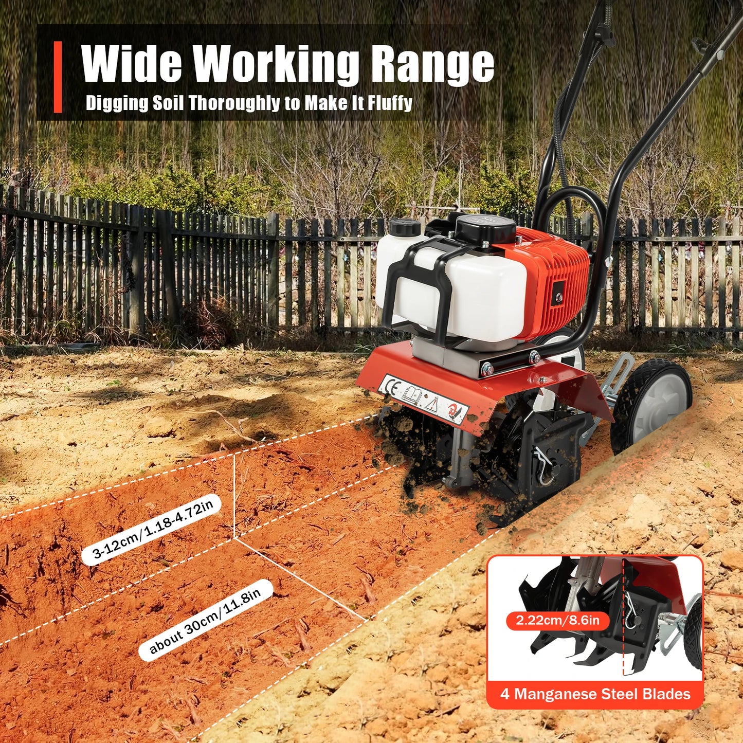 52CC Gas-Powered Garden Tiller Cultivator – 1700W Rototiller with 4 Blades