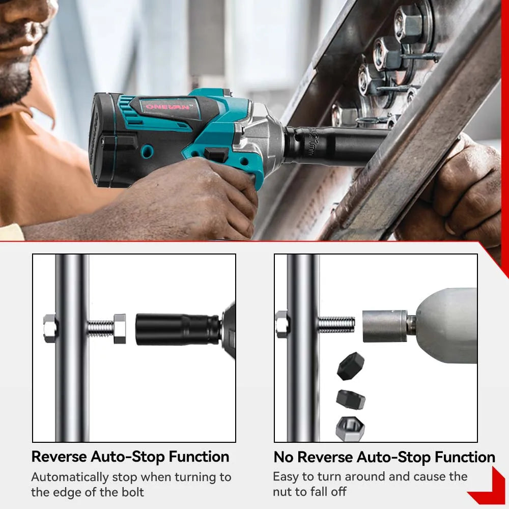 ONEVAN 1200N.M Brushless Cordless Electric Impact Wrench 1/2" | 3-in-1 Power Tool with Drill & Screwdriver Function – For Makita 18V Battery