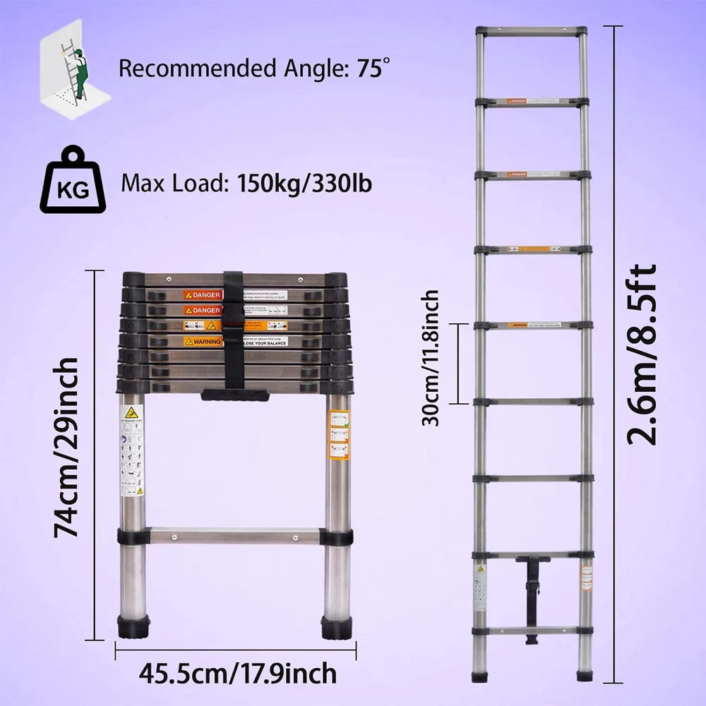 Stainless Steel Telescopic Ladder 2.6M–5M – Heavy Duty Folding Extension Ladder for Home & Loft Use