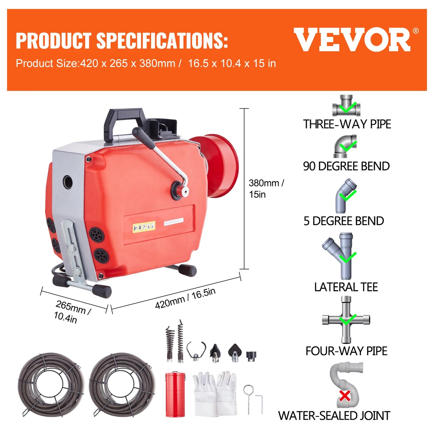 Drain Cleaner Machine 250W Electric Sewer Snake Auger Manual Feed with 7 Cutters 2 Steel Cables CW/CCW Control for Home