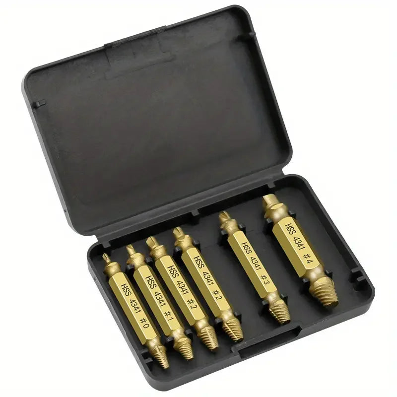 6PCS Damaged Screw Extractor Set – Stripped Screw Bolt Remover Drill Bits Kit | HSS Double-Headed Broken Stud Remover