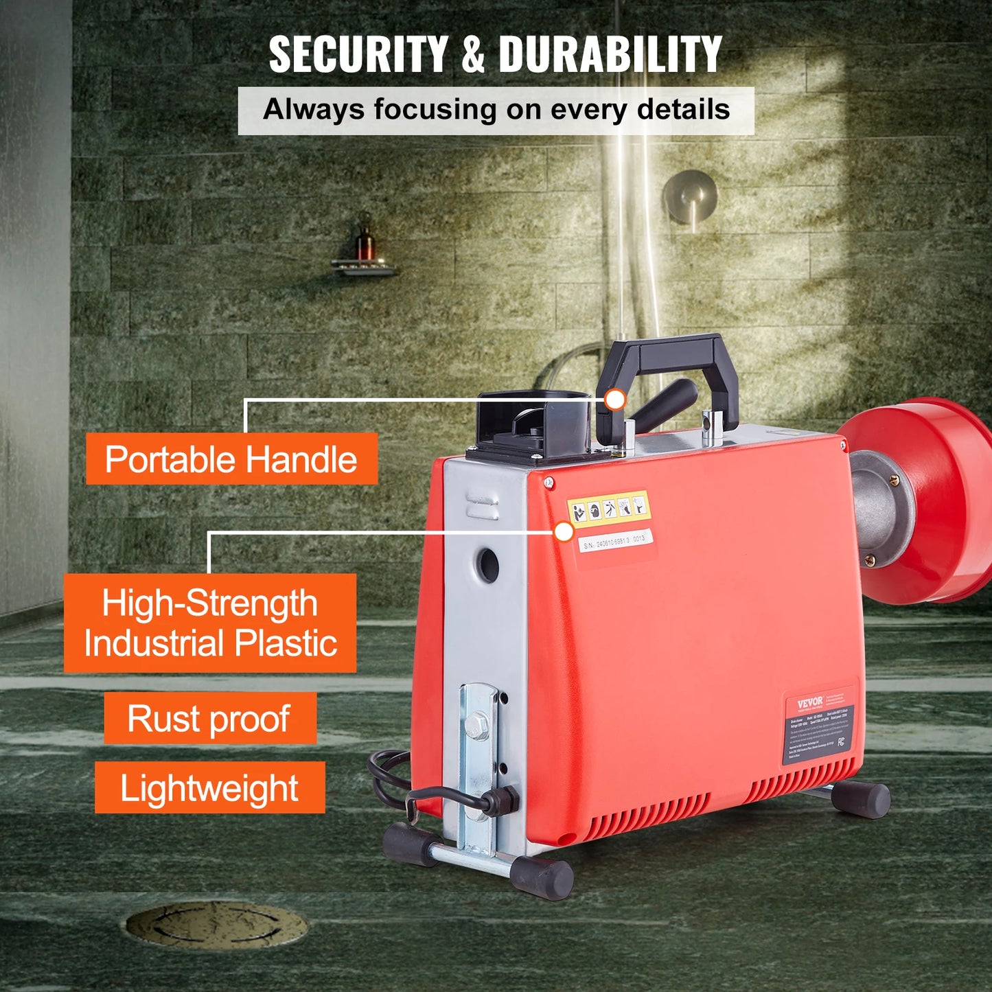 Drain Cleaner Machine 250W Electric Sewer Snake Auger Manual Feed with 7 Cutters 2 Steel Cables CW/CCW Control for Home