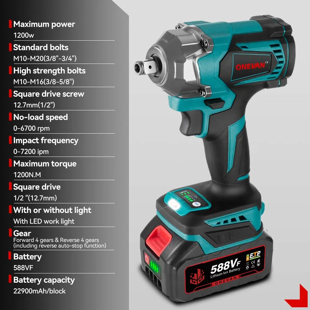 ONEVAN 1200N.M Brushless Cordless Electric Impact Wrench 1/2" | 3-in-1 Power Tool with Drill & Screwdriver Function – For Makita 18V Battery