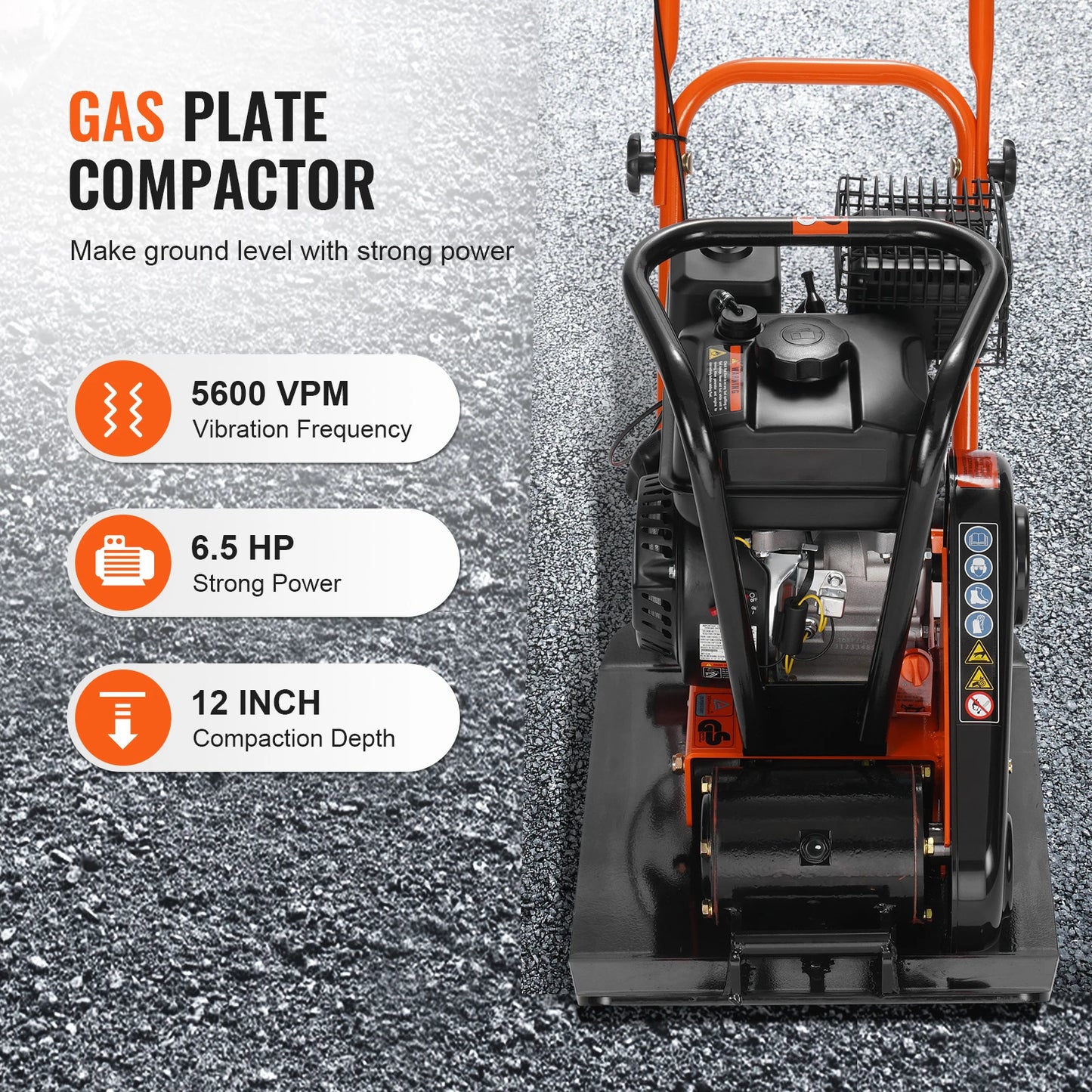 Gasoline Plate Compactor 6.5 HP Force Vibratory Compaction Tamper For Walkways, Patios, Asphalts Paver Landscaping