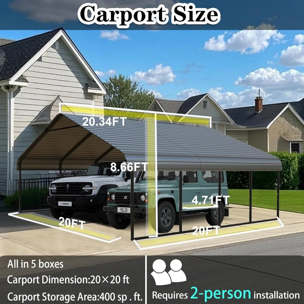 20x20 FT Heavy Duty Metal Carport with Galvanized Steel Roof & Frame - All-Weather Portable Garage Shelter for 2 Cars, Safe Boat