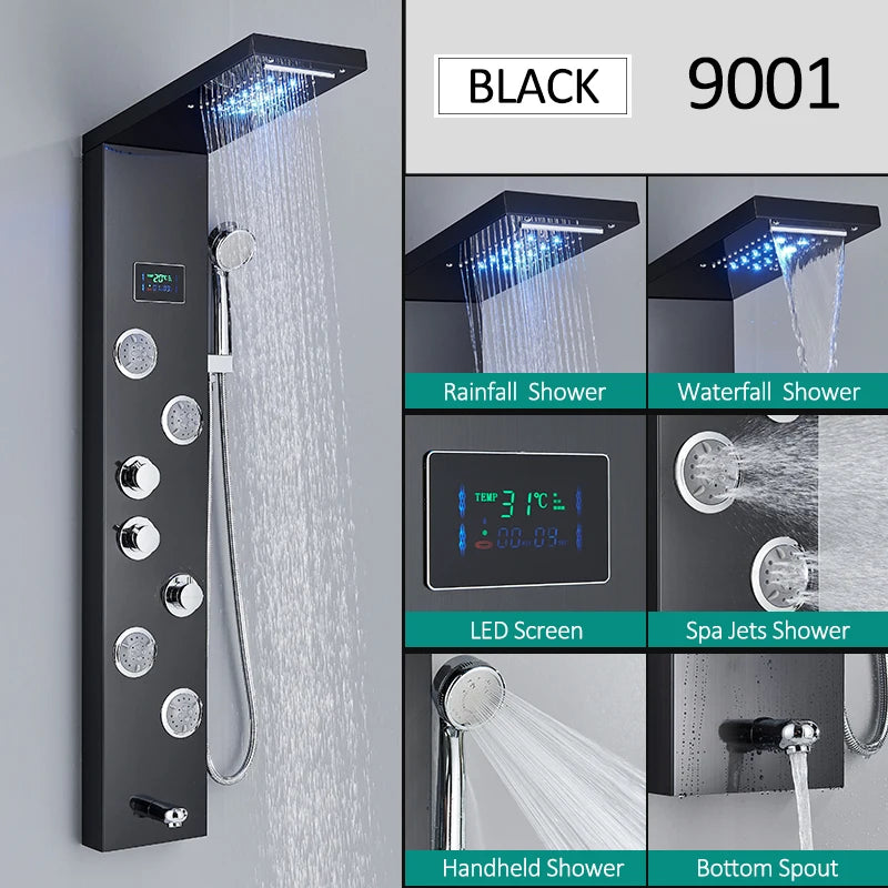 LED Shower Panel Tower System with Rainfall & Waterfall, Hydroelectric LCD Display, Body Massage Jets & Thermostatic Faucet – Black Stainless Steel