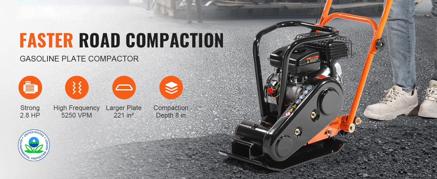 Gasoline Plate Compactor 6.5 HP Force Vibratory Compaction Tamper For Walkways, Patios, Asphalts Paver Landscaping