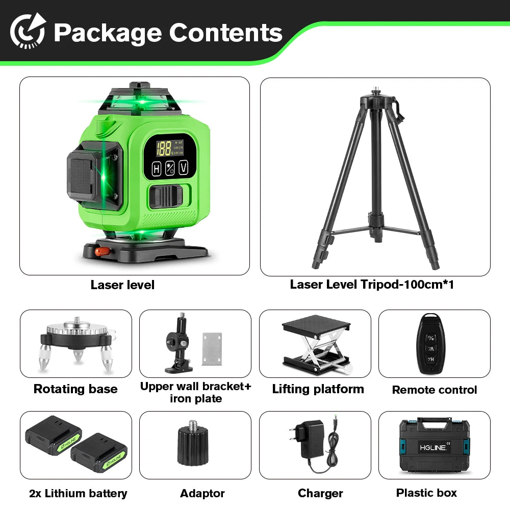 Laser Level 360° | Green Beam w/ Remote & Tripod | 16-Line 4D