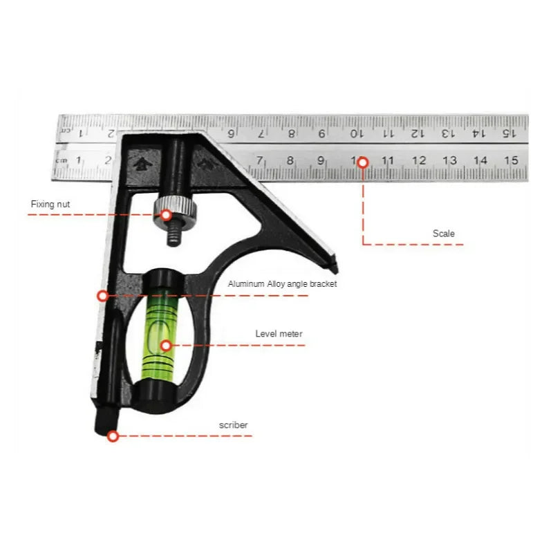 300mm Stainless Steel Combination Square Ruler – Movable 45° & 90° Angle Carpenter Woodworking Measuring Tool