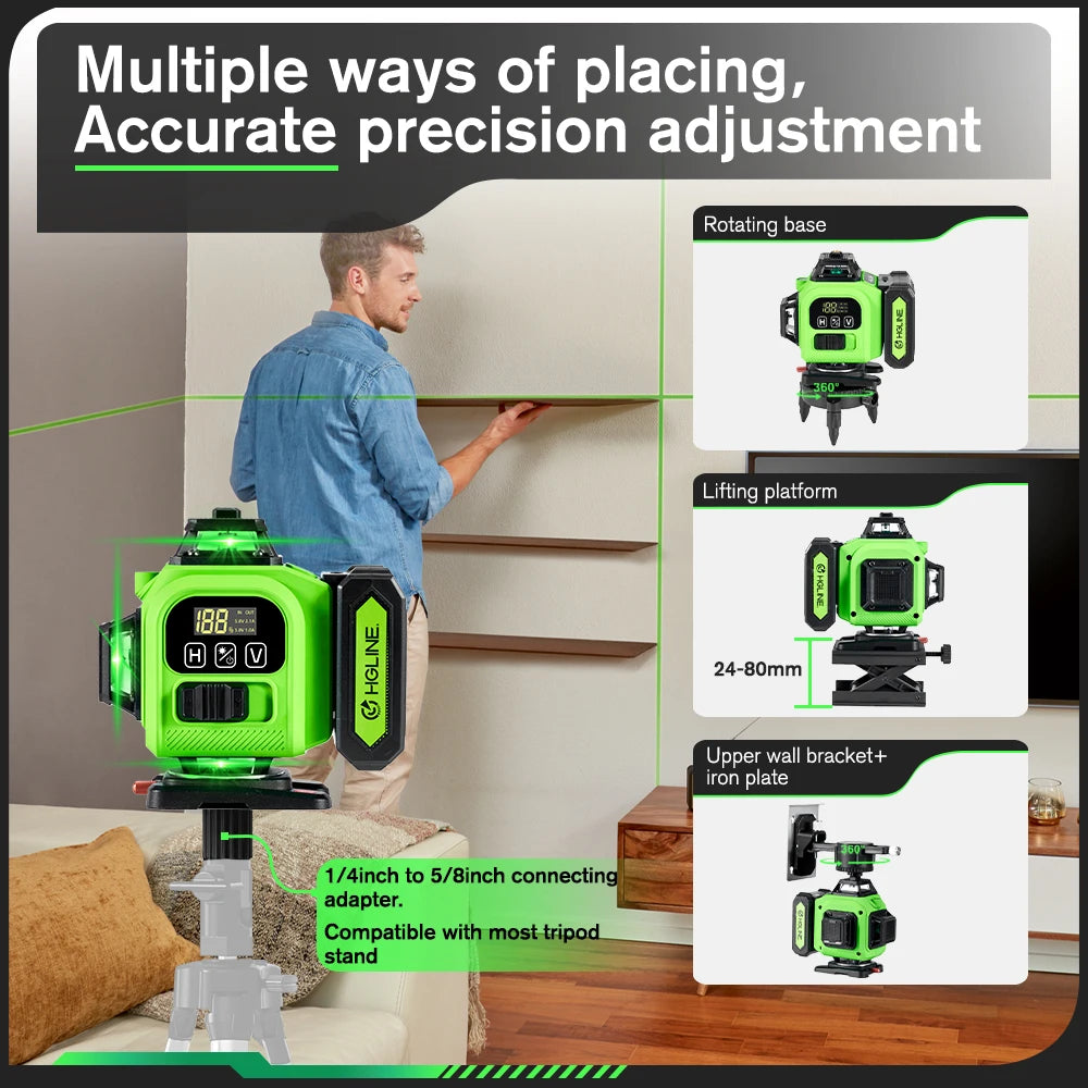 Laser Level 360° | Green Beam w/ Remote & Tripod | 16-Line 4D