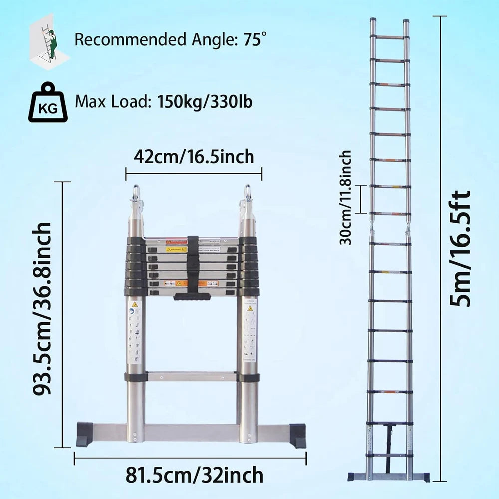 Stainless Steel Telescopic Ladder 2.6M–5M – Heavy Duty Folding Extension Ladder for Home & Loft Use