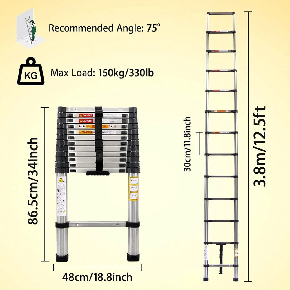 Stainless Steel Telescopic Ladder 2.6M–5M – Heavy Duty Folding Extension Ladder for Home & Loft Use