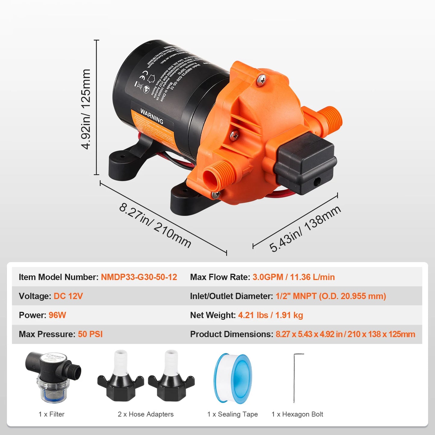 Diaphragm Water Pump 12V – 1.8 to 5.0 GPM | 40–100 PSI Adjustable | RV, Boat, Food Truck Use