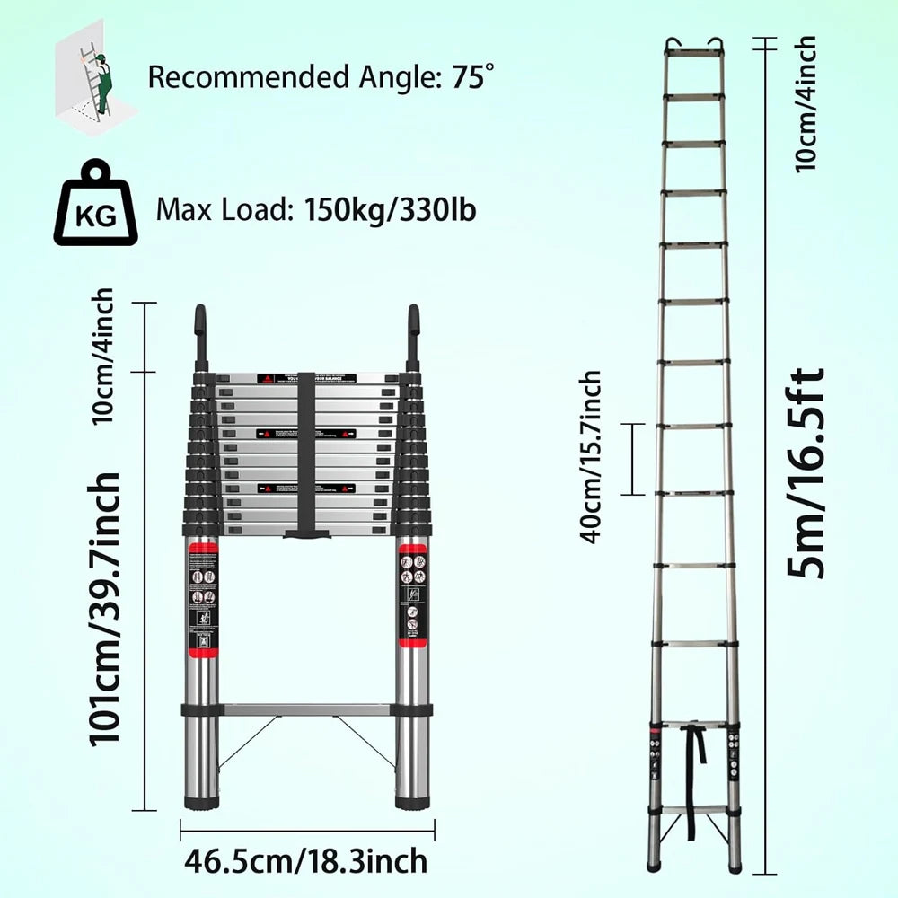 Stainless Steel Telescopic Ladder 2.6M–5M – Heavy Duty Folding Extension Ladder for Home & Loft Use