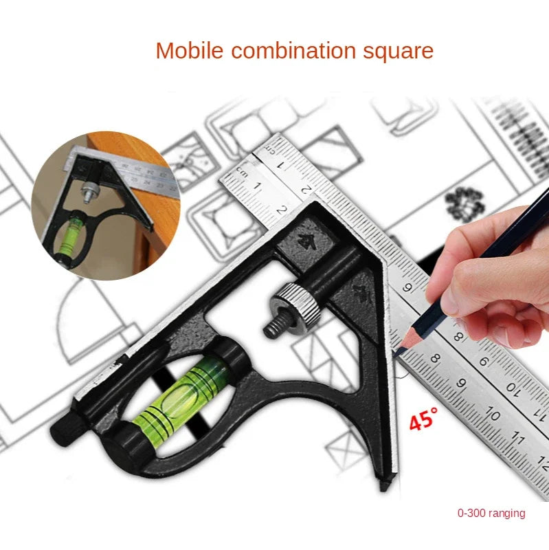 300mm Stainless Steel Combination Square Ruler – Movable 45° & 90° Angle Carpenter Woodworking Measuring Tool