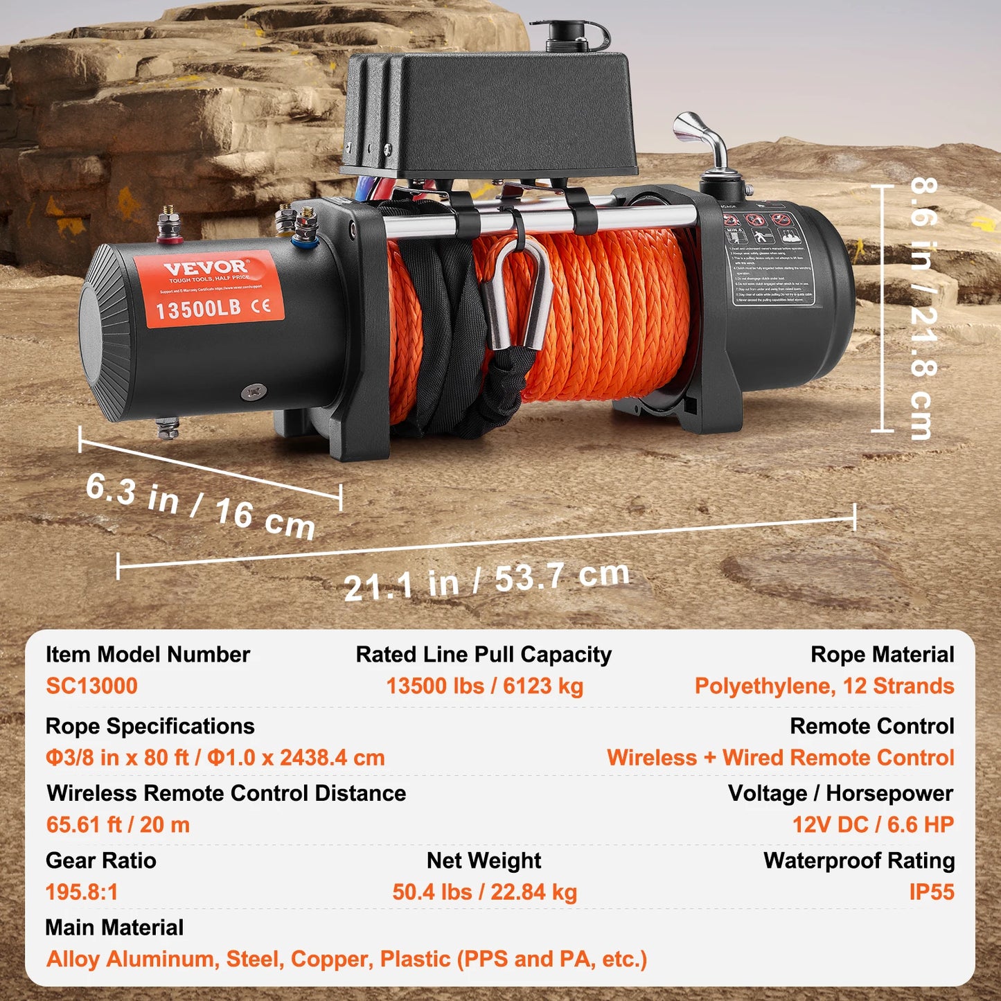 13500lb Electric Winch with 80ft Synthetic Rope & Wireless/Wired Remote – 12V Off-Road Recovery Tool