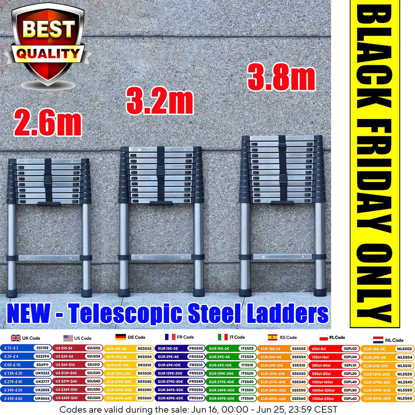 Stainless Steel Telescopic Ladder 2.6M–5M – Heavy Duty Folding Extension Ladder for Home & Loft Use