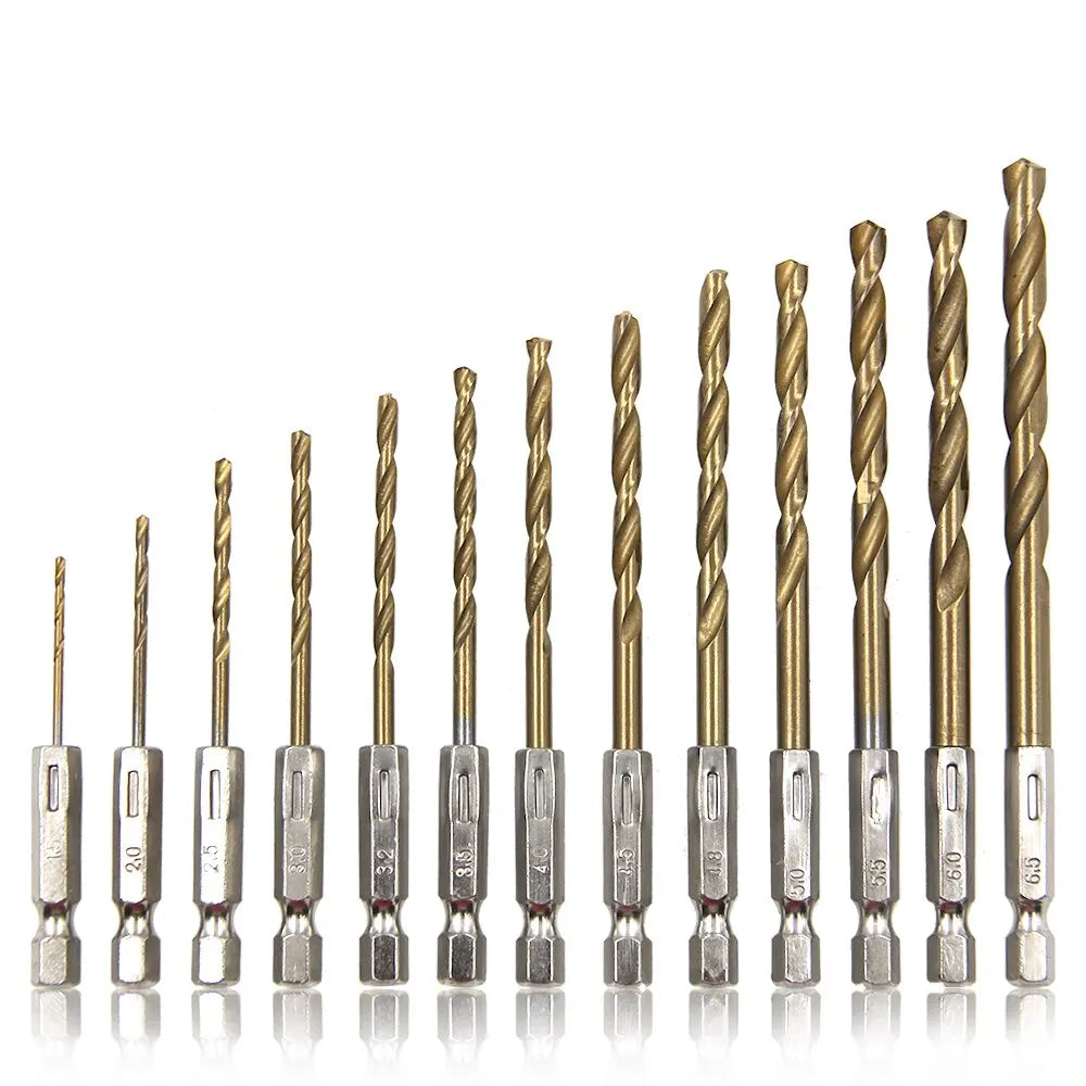 13PCS Hex Shank Titanium Plated Twist Drill Bit Set 1.5–6.5mm for Wood Plastic Metal – Electric Screwdriver Reaming Tools