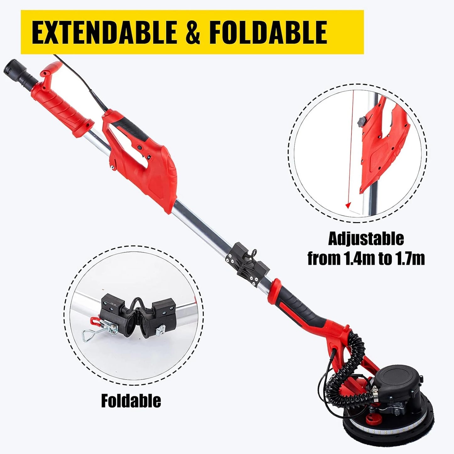 Drywall Sander 850W – Variable Speed 800–1750 RPM | LED Light, Telescopic Handle, Vacuum Bag Included
