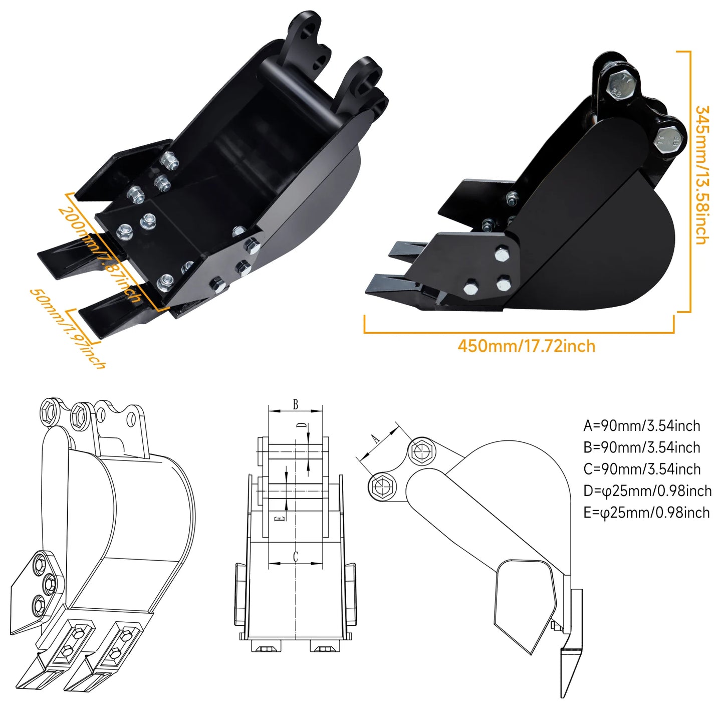 Narrow Digging Bucket for 1–1.5 Ton Mini Excavator | 200mm (7.9") | USA Stock | 25mm Pin, 88mm Center, 90mm Span