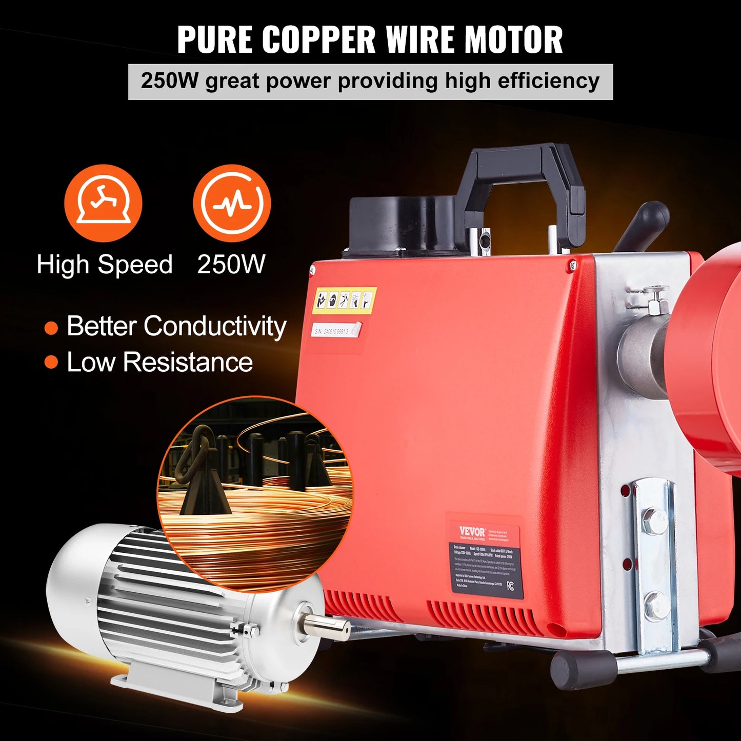 Drain Cleaner Machine 250W Electric Sewer Snake Auger Manual Feed with 7 Cutters 2 Steel Cables CW/CCW Control for Home