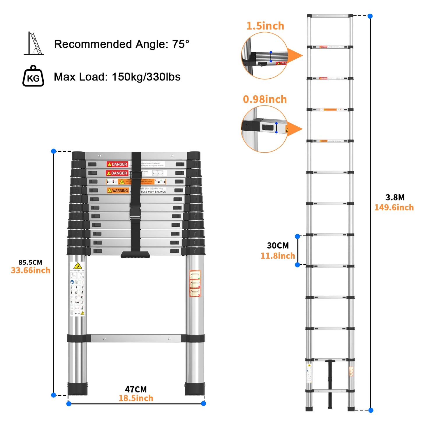 Telescopic Ladder Stainless Steel,load 150kg, Convenient Extendable ,For Pulling Walls, Changing Light Bulbs,Repairing Roofs,RV