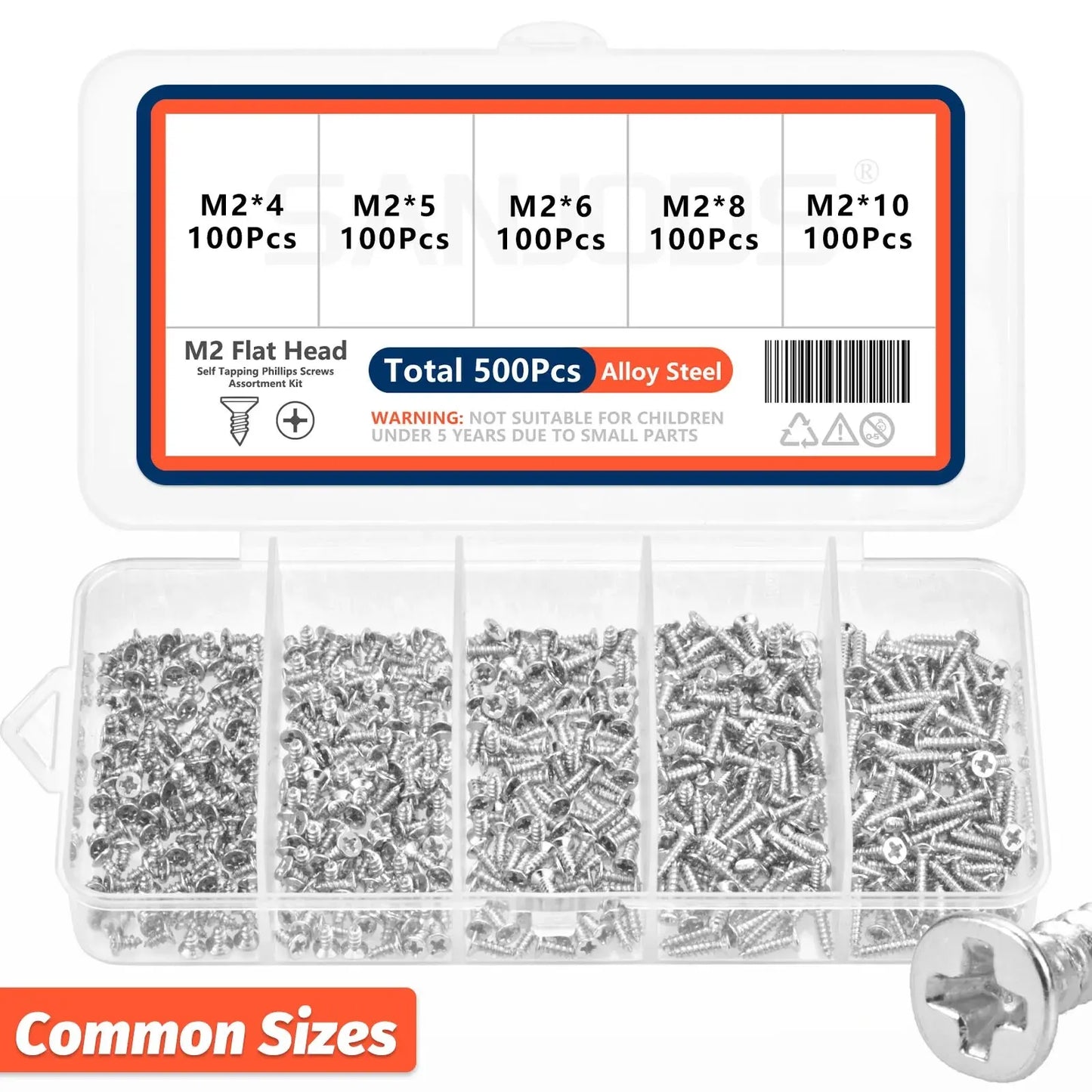 500pcs M2 Self-Tapping Screws Kit – Flat Head Phillips Drive, 5 Sizes, Alloy Steel for Wood & DIY Projects
