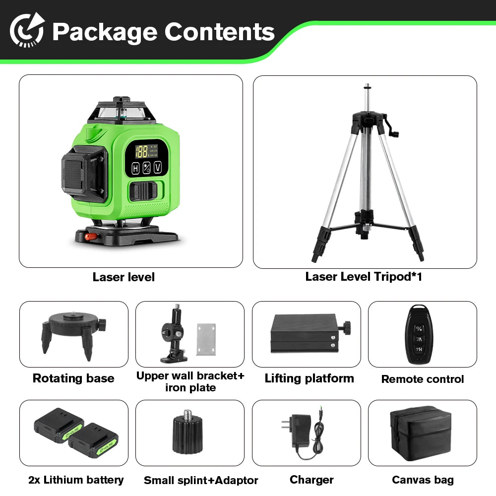 Laser Level 360° | Green Beam w/ Remote & Tripod | 16-Line 4D
