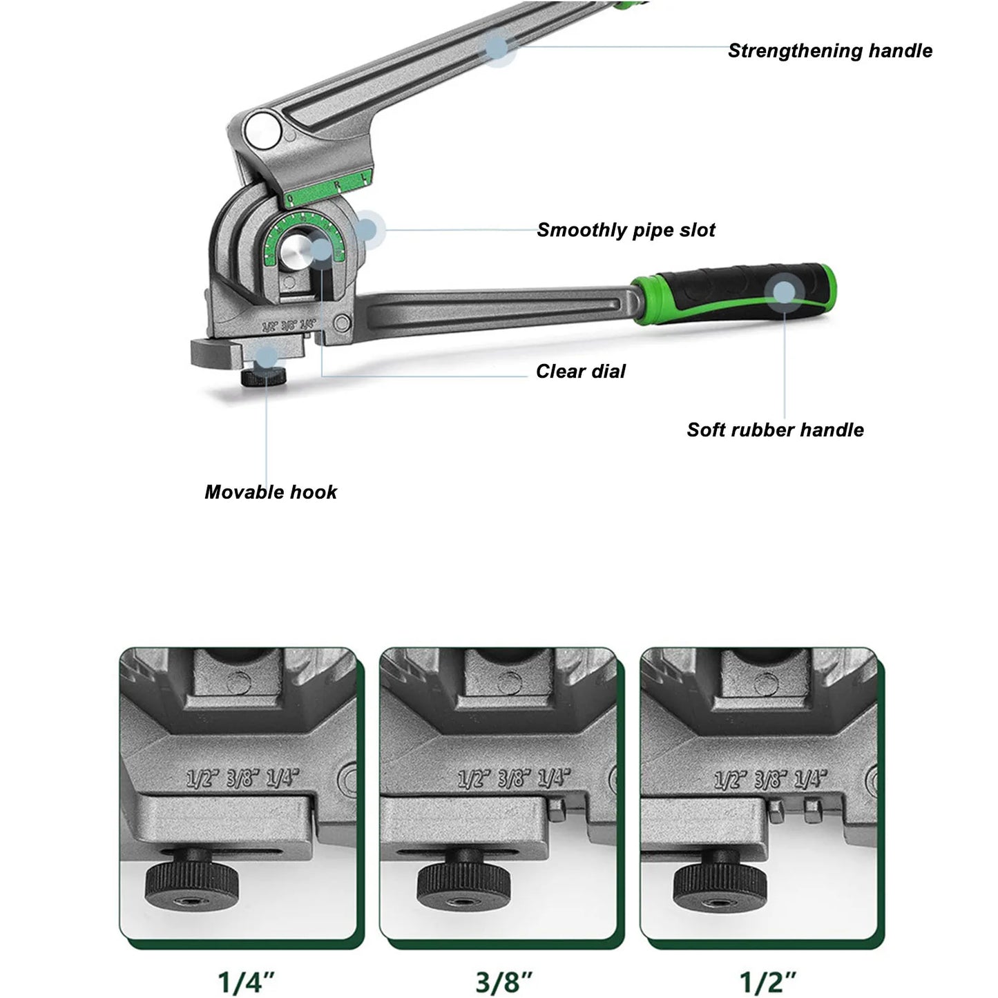 3-in-1 Manual Tubing Bender – 1/4", 3/8", 1/2" for Copper & Aluminum Pipes (0–180°)