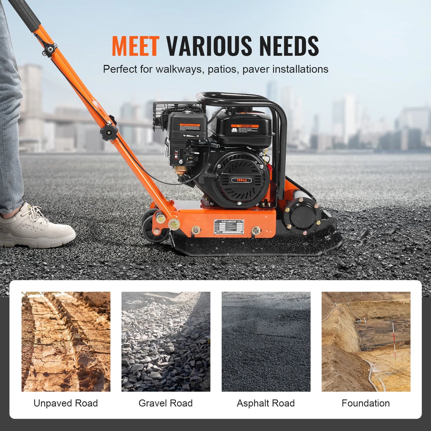 Gasoline Plate Compactor 6.5 HP Force Vibratory Compaction Tamper For Walkways, Patios, Asphalts Paver Landscaping