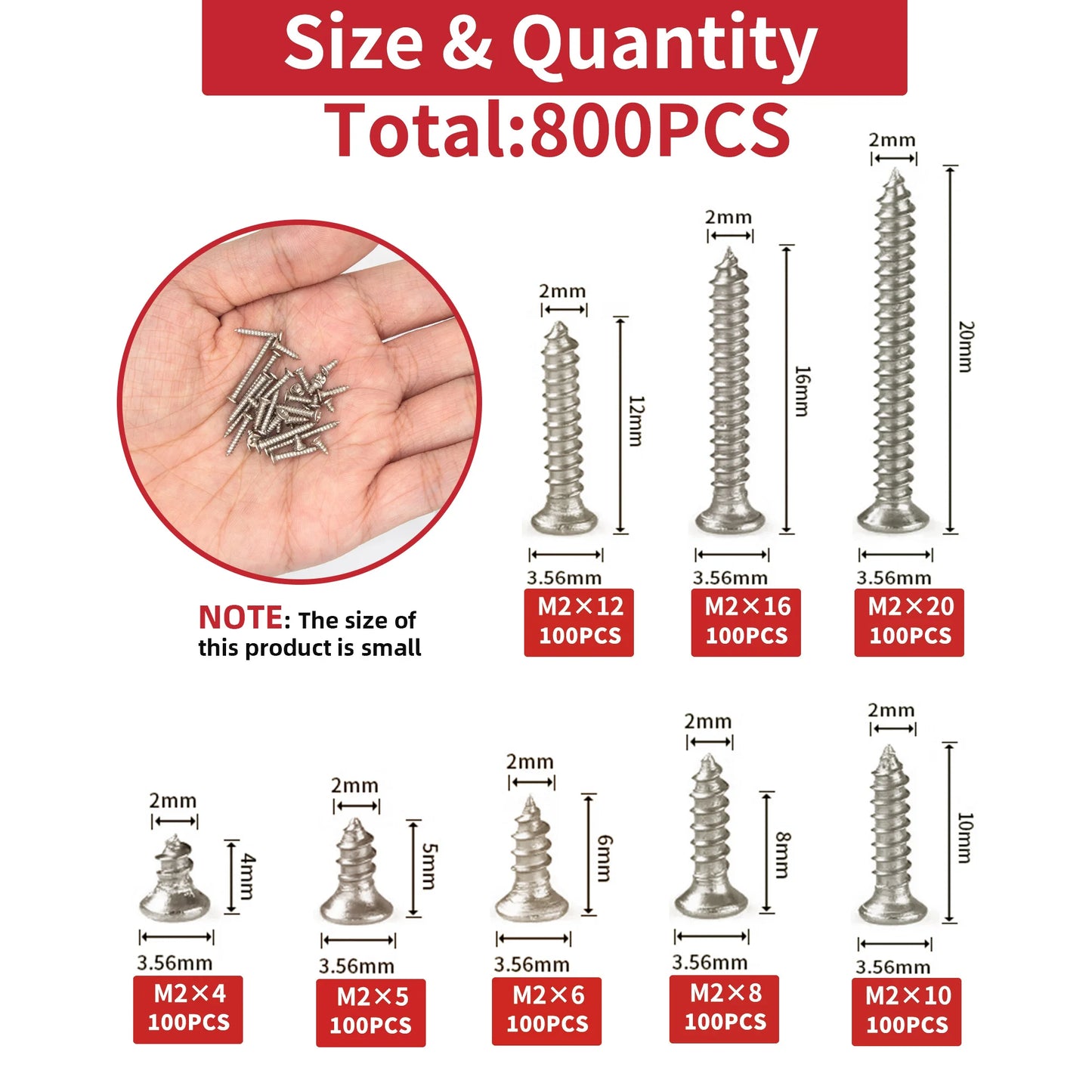 800PCS M2 Self-Tapping Screws & Lock Nut Assortment Kit – Flat Head Carbon Steel Phillips Drive for Wood & Metal
