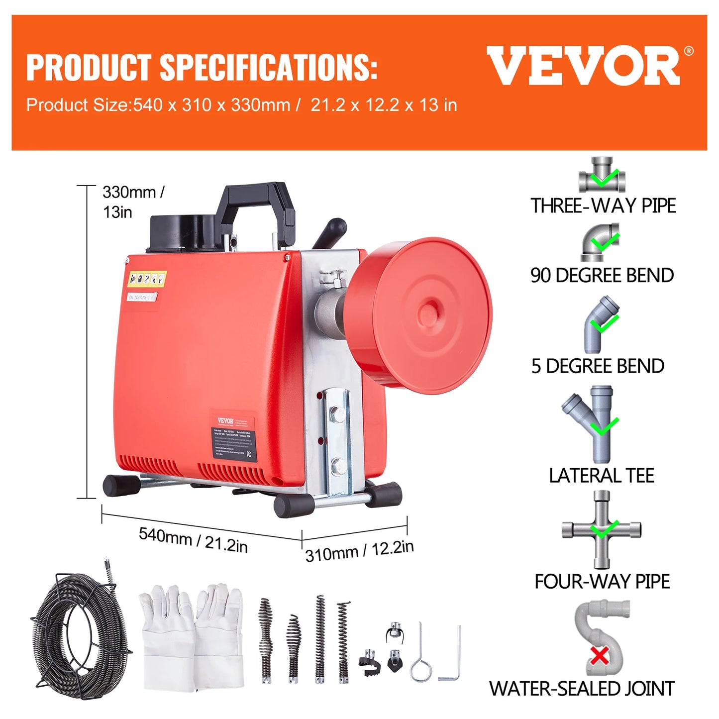 Drain Cleaner Machine 250W Electric Sewer Snake Auger Manual Feed with 7 Cutters 2 Steel Cables CW/CCW Control for Home