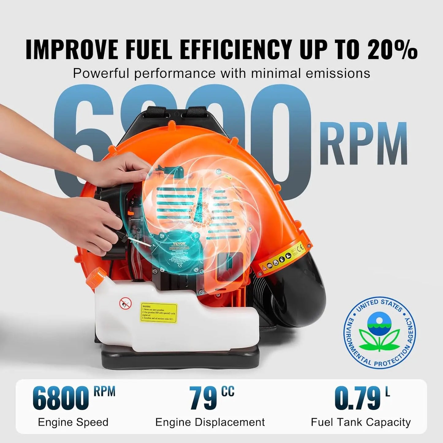 79cc Backpack Gas Leaf Blower, 2-Cycle Gas Powered Backpack Blower with 3L Fuel Tank, 930CFM Air Volume 184MPH Speed,