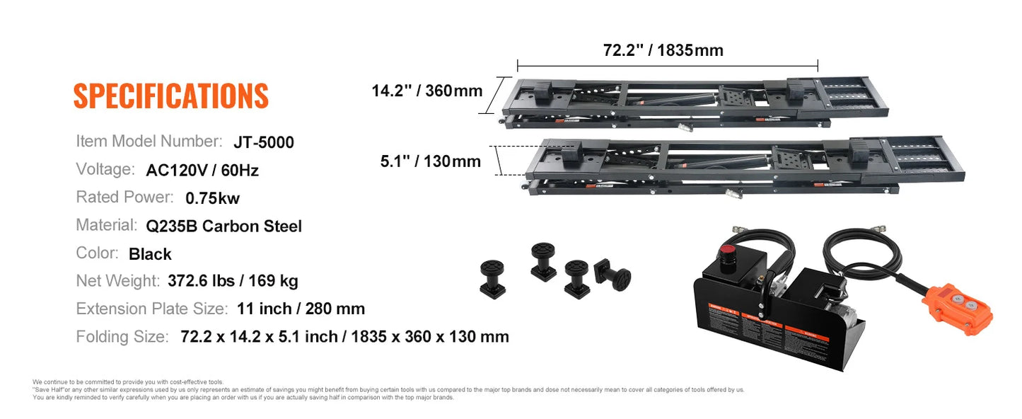 5000lb Portable Car Lift with Extended-Length Plates Carbon Steel Truck Lift with 120V Power Unit for Home Garage Shop