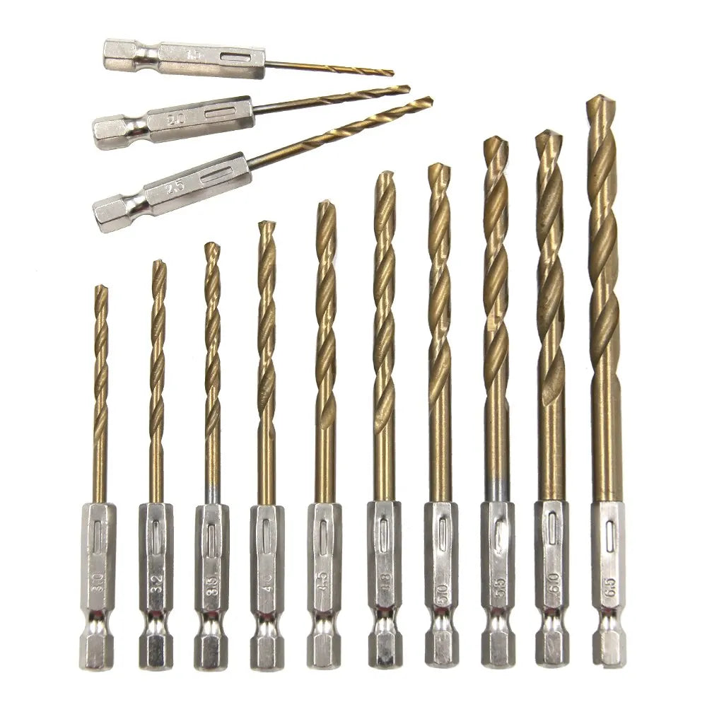 13PCS Hex Shank Titanium Plated Twist Drill Bit Set 1.5–6.5mm for Wood Plastic Metal – Electric Screwdriver Reaming Tools