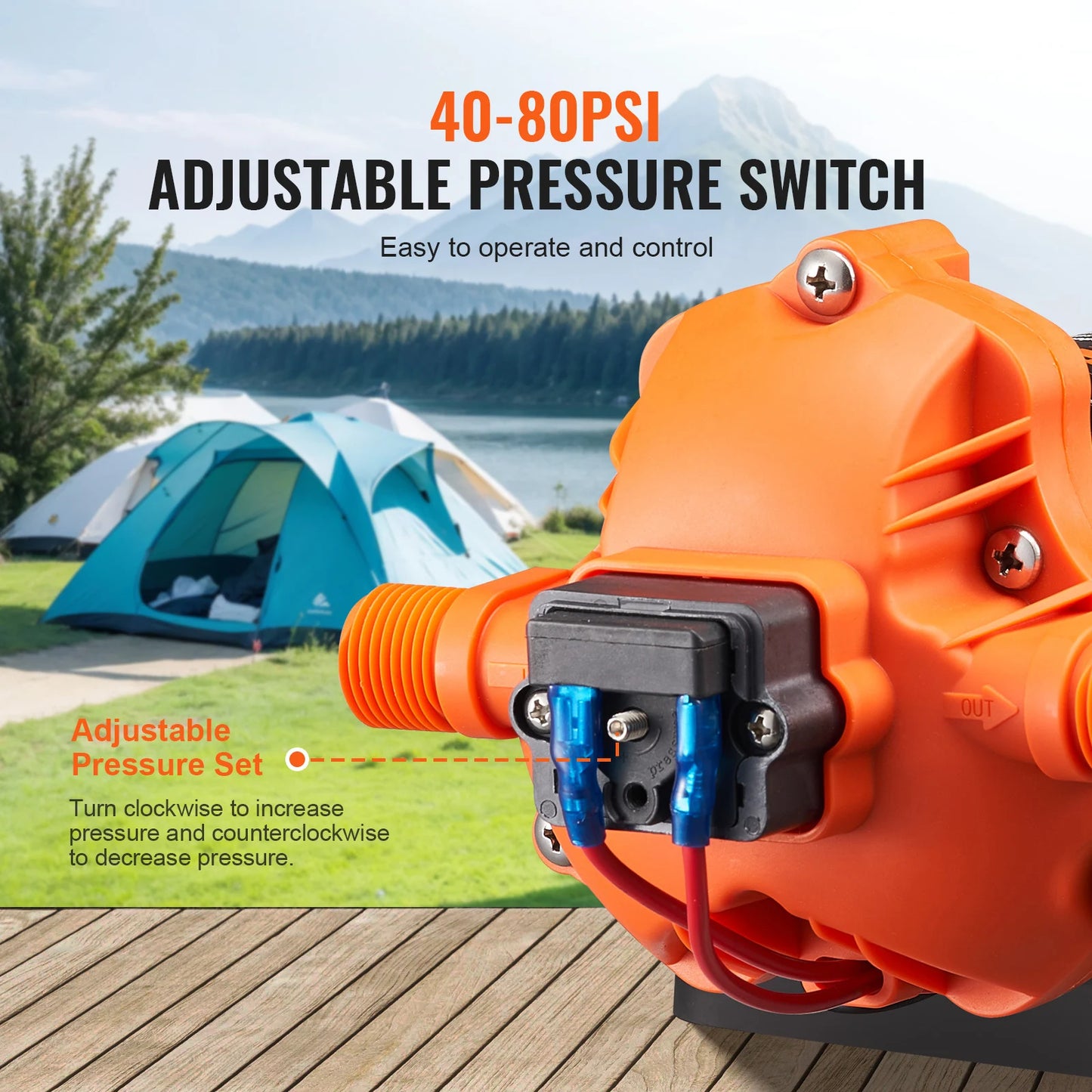 Diaphragm Water Pump 12V – 1.8 to 5.0 GPM | 40–100 PSI Adjustable | RV, Boat, Food Truck Use