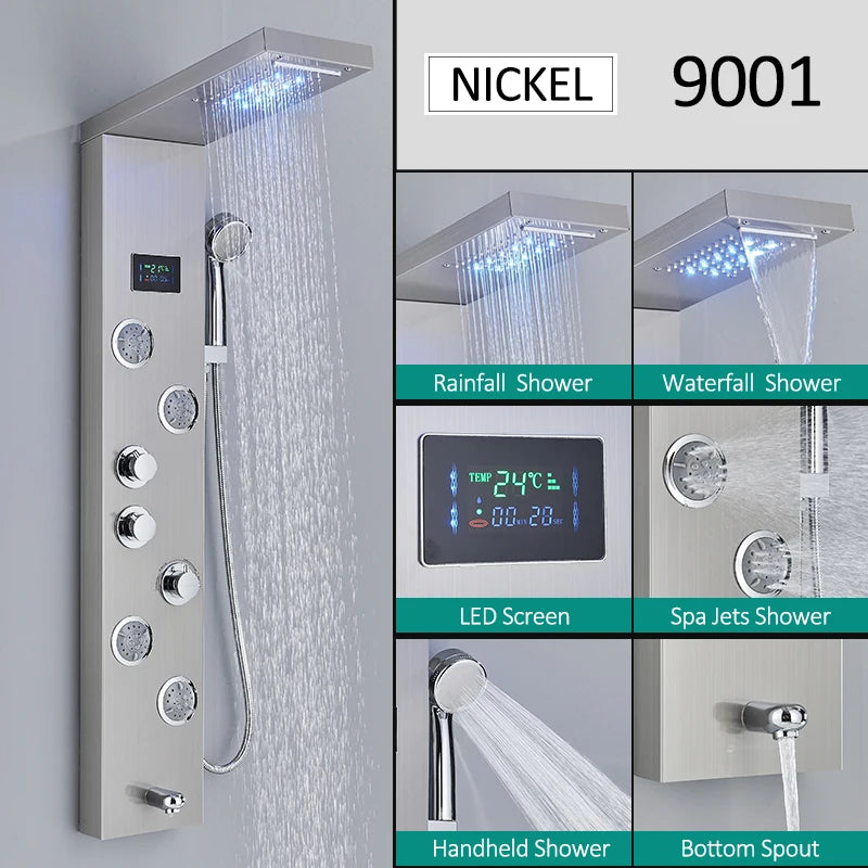 LED Shower Panel Tower System with Rainfall & Waterfall, Hydroelectric LCD Display, Body Massage Jets & Thermostatic Faucet – Black Stainless Steel