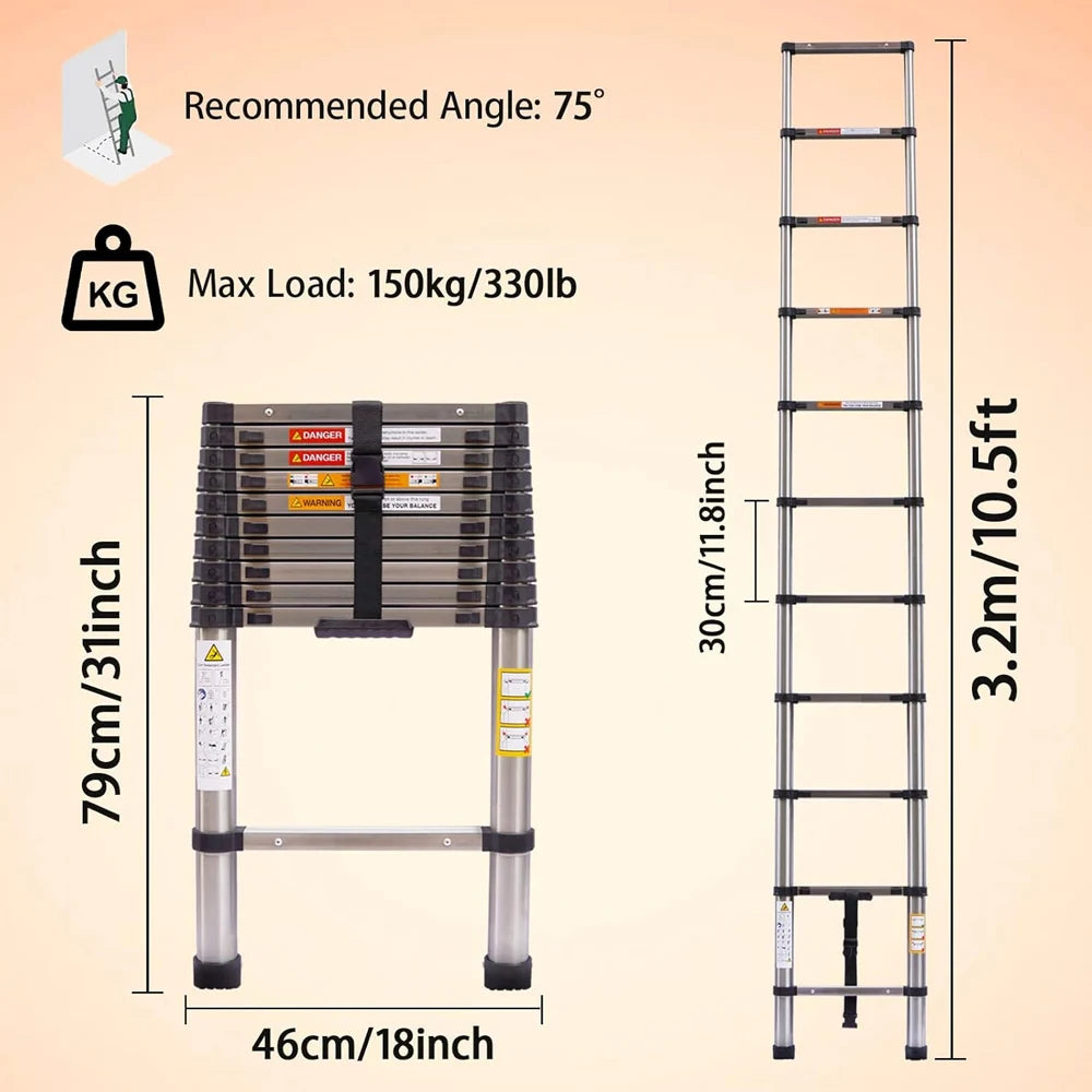 Stainless Steel Telescopic Ladder 2.6M–5M – Heavy Duty Folding Extension Ladder for Home & Loft Use