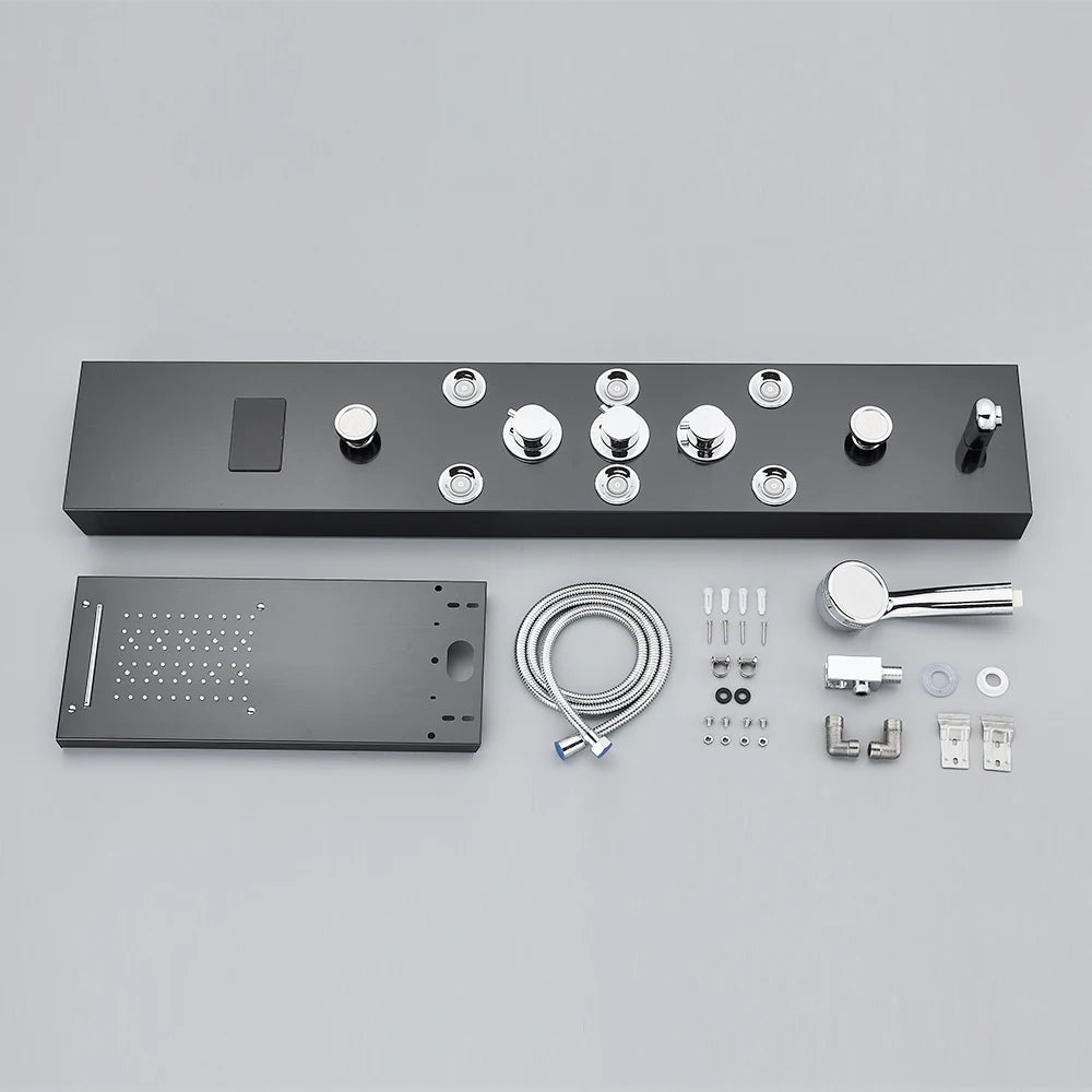 LED Shower Panel Tower System with Rainfall & Waterfall, Hydroelectric LCD Display, Body Massage Jets & Thermostatic Faucet – Black Stainless Steel