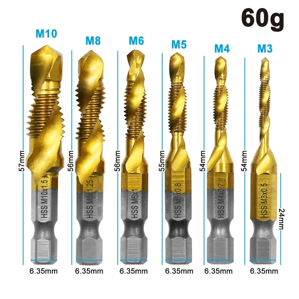 6PCS Titanium-Plated 4341 HSS Composite Tap and Drill Set – Integrated Tapping & Chamfering Tool Kit for Metal & Wood