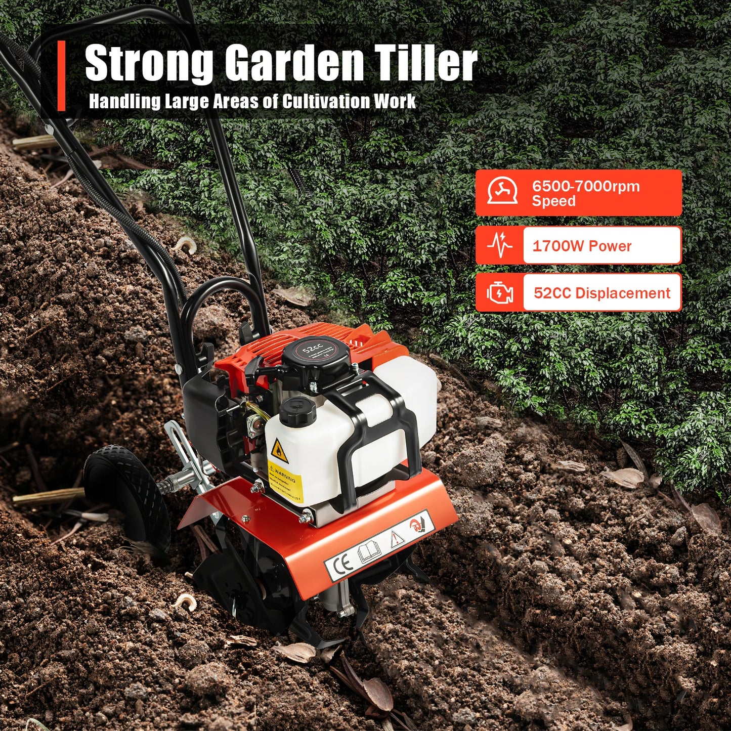 52CC Gas-Powered Garden Tiller Cultivator – 1700W Rototiller with 4 Blades