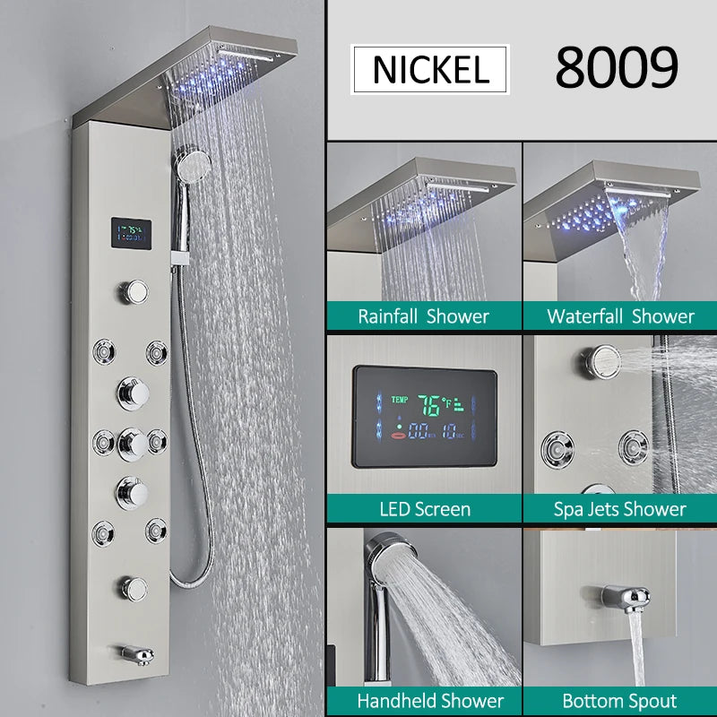 LED Shower Panel Tower System with Rainfall & Waterfall, Hydroelectric LCD Display, Body Massage Jets & Thermostatic Faucet – Black Stainless Steel