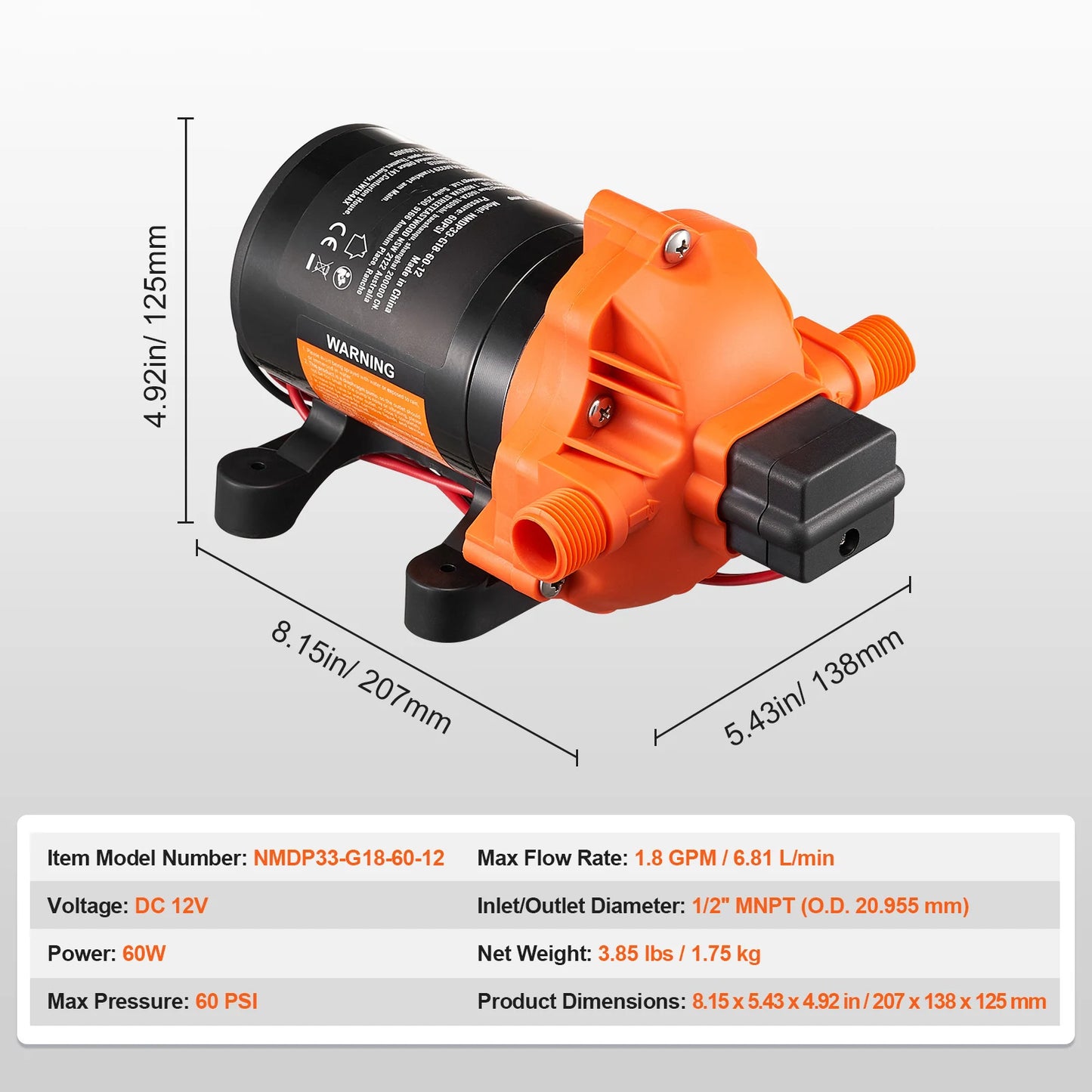 Diaphragm Water Pump 12V – 1.8 to 5.0 GPM | 40–100 PSI Adjustable | RV, Boat, Food Truck Use
