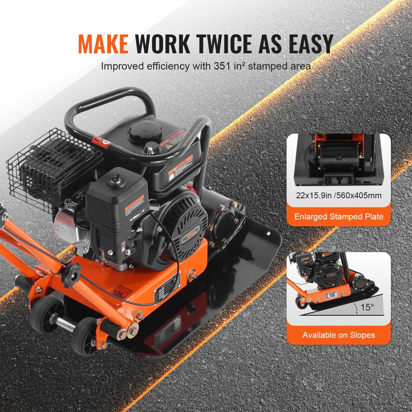 Gasoline Plate Compactor 6.5 HP Force Vibratory Compaction Tamper For Walkways, Patios, Asphalts Paver Landscaping