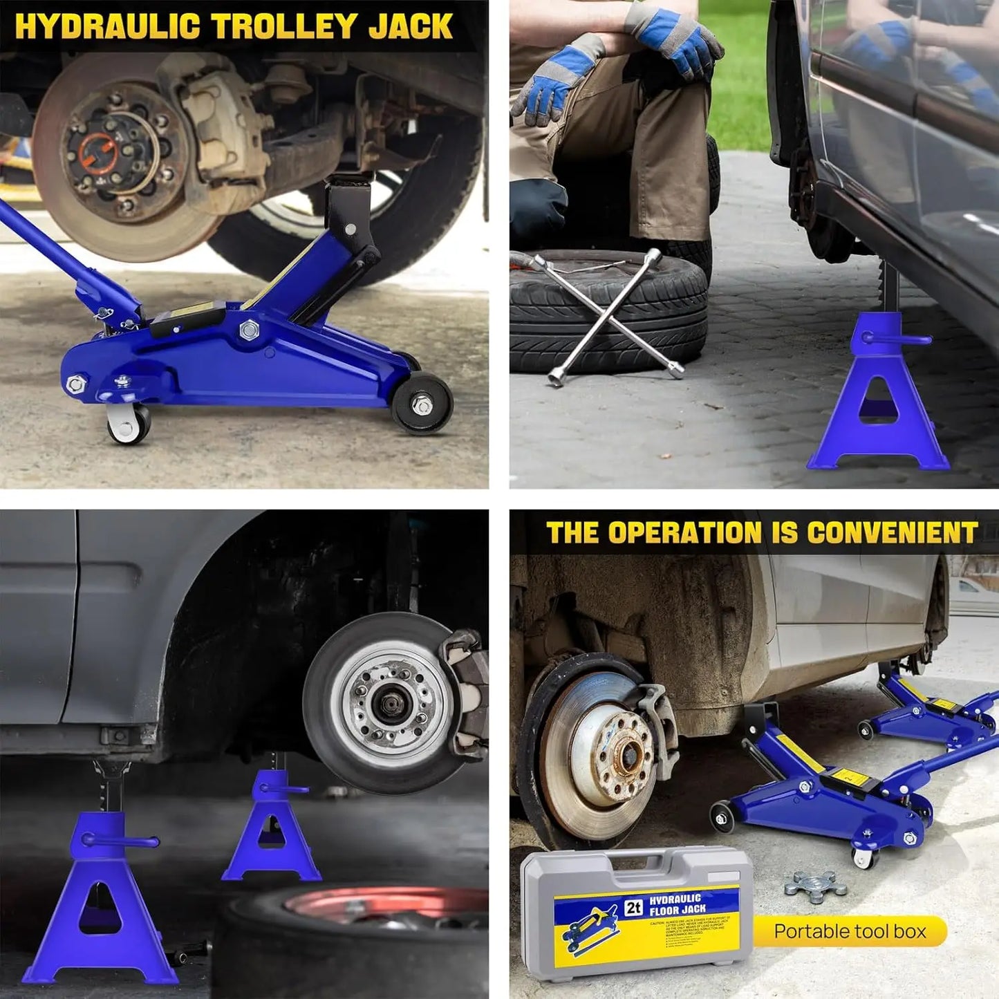 Hydraulic Floor Jack 3 Ton Jack Stand Set – 2 Ton Quick Lift Trolley Jack + Tire Repair Support Kit
