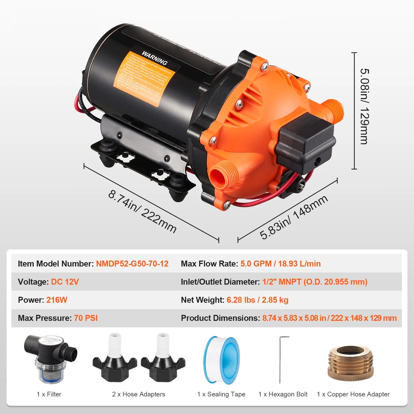 Diaphragm Water Pump 12V – 1.8 to 5.0 GPM | 40–100 PSI Adjustable | RV, Boat, Food Truck Use
