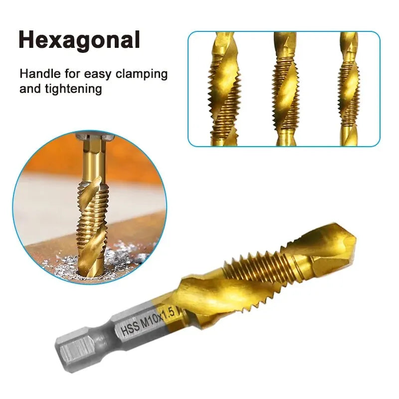6PCS Titanium-Plated 4341 HSS Composite Tap and Drill Set – Integrated Tapping & Chamfering Tool Kit for Metal & Wood