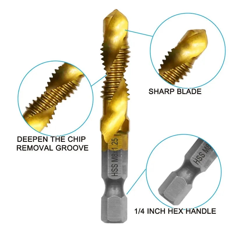 6PCS Titanium-Plated 4341 HSS Composite Tap and Drill Set – Integrated Tapping & Chamfering Tool Kit for Metal & Wood