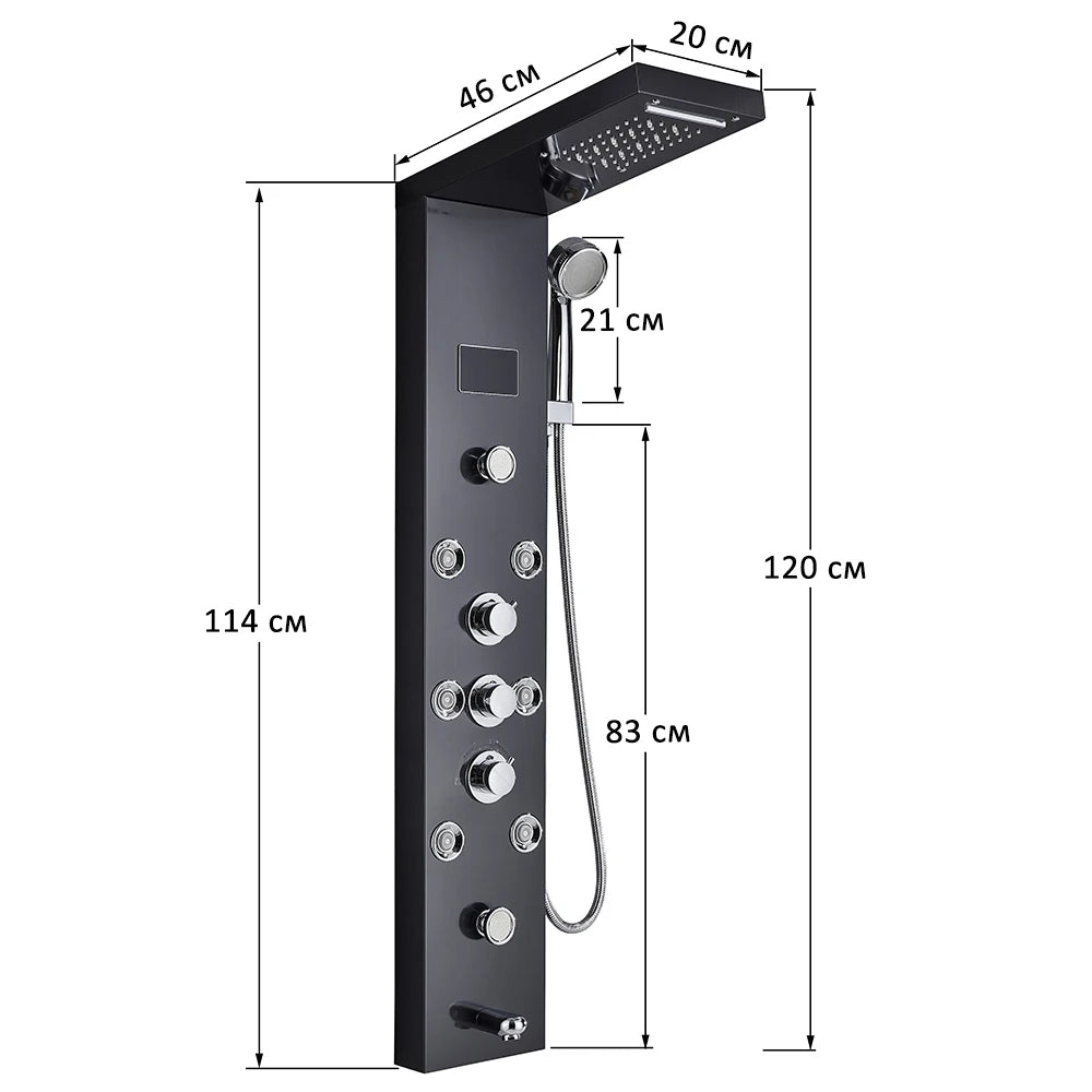 LED Shower Panel Tower System with Rainfall & Waterfall, Hydroelectric LCD Display, Body Massage Jets & Thermostatic Faucet – Black Stainless Steel