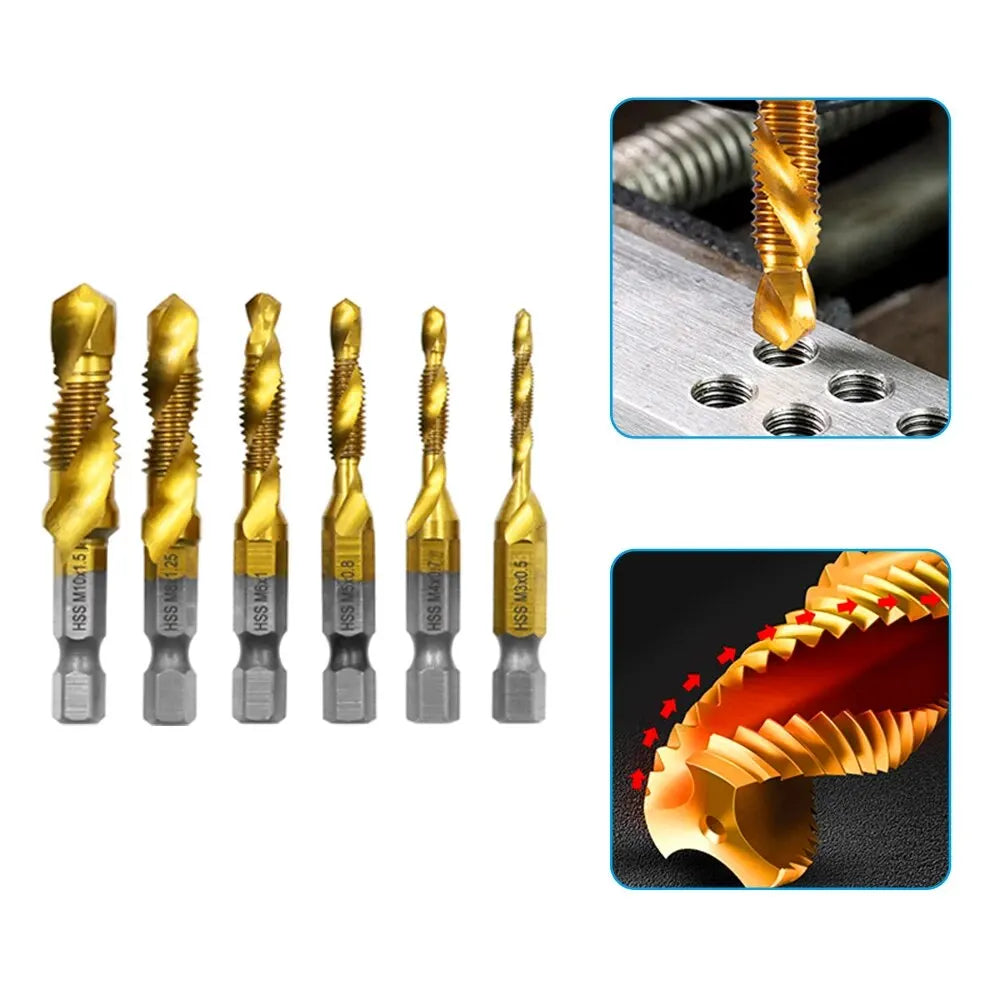 6PCS Titanium-Plated 4341 HSS Composite Tap and Drill Set – Integrated Tapping & Chamfering Tool Kit for Metal & Wood